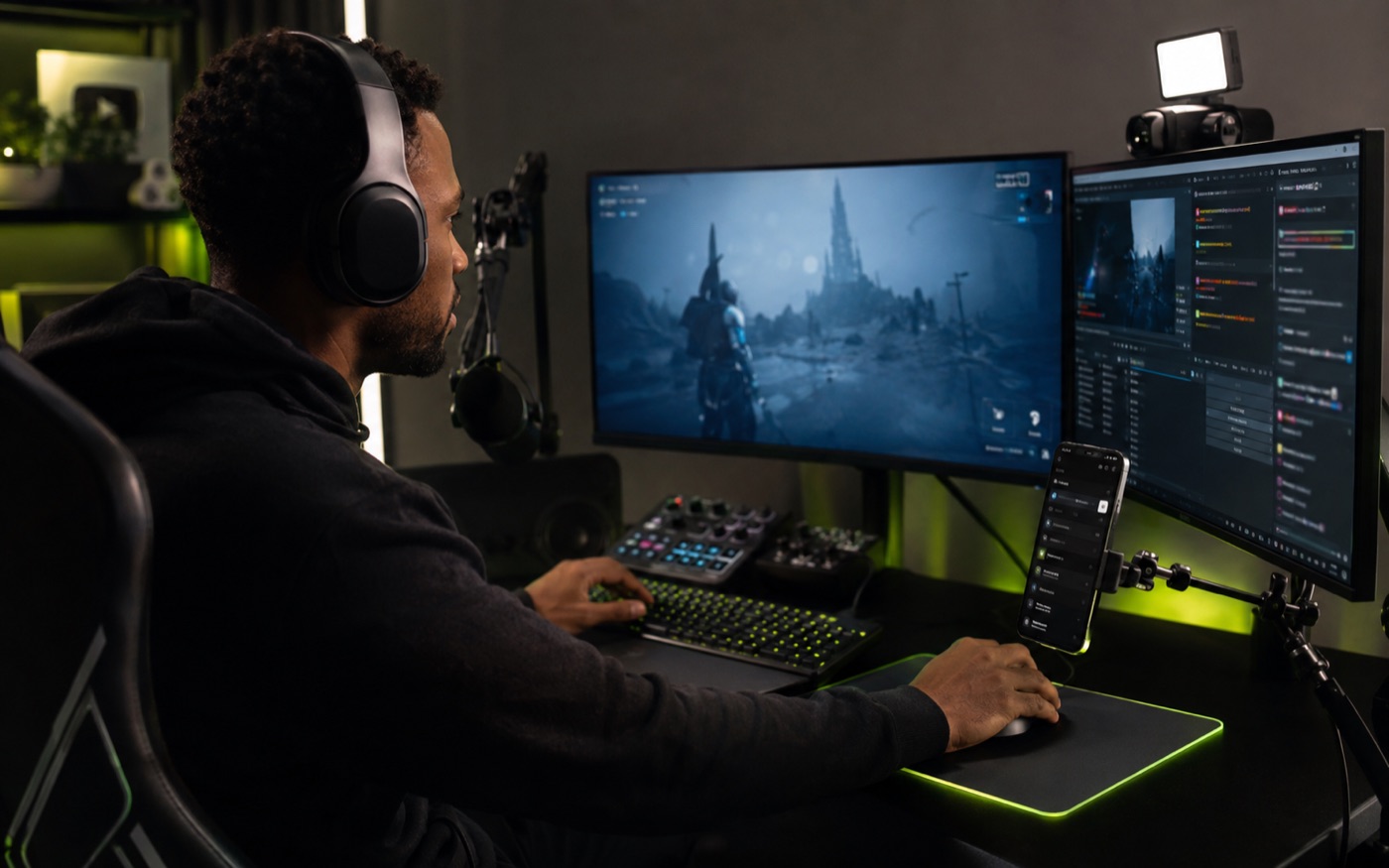 Gaming creator broadcasting from a home studio