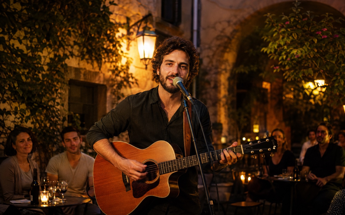 Singer-guitarist performing for a small audience on a bar terrace