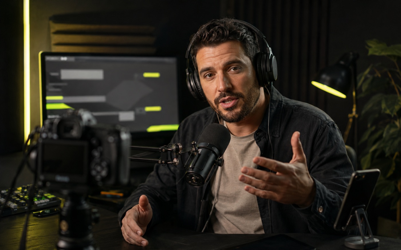 Livestream creator speaking to viewers from a studio