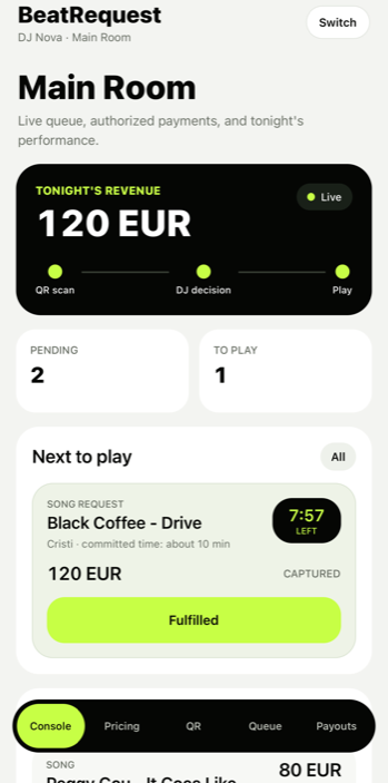 BeatRequest DJ app console showing tonight's revenue and the live request queue