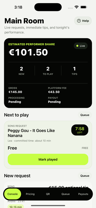 BeatRequest performer console showing the live event, revenue and audience activity
