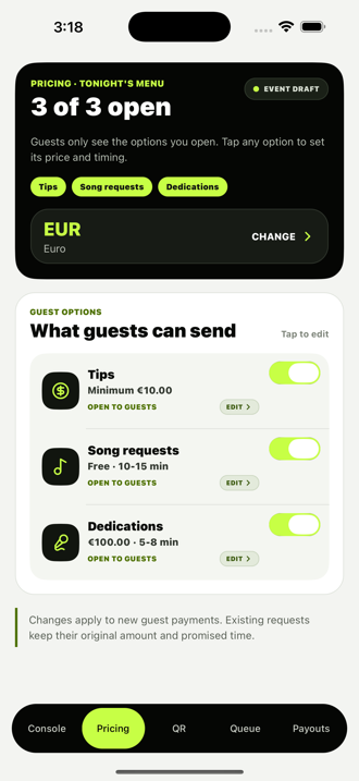 Guest options with tips, free or paid song requests, dedications and wait times