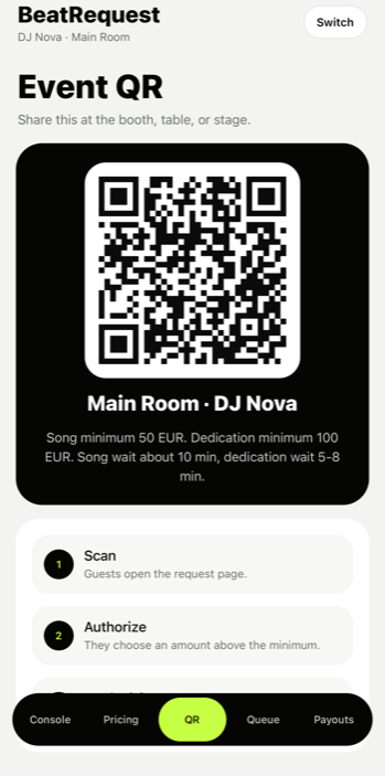 QR screen: the event QR code guests scan