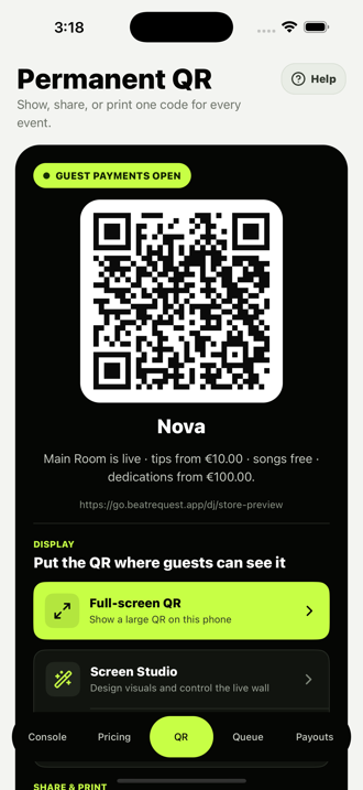 Permanent performer QR with screen, sharing, poster and print controls