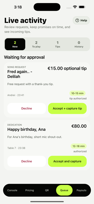 New audience requests with free, paid and optional-tip payment states