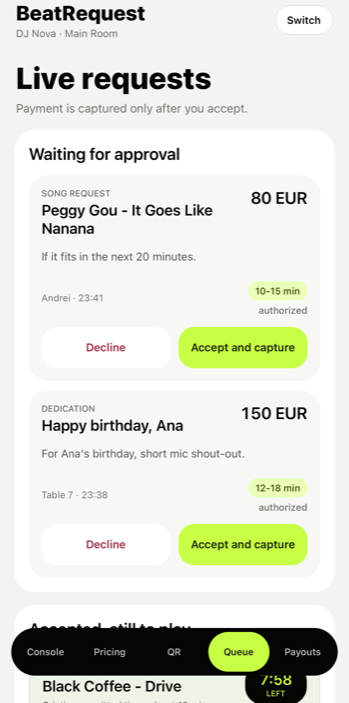 Queue screen: pending paid requests with accept and decline
