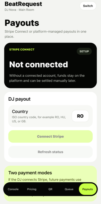 Payouts screen: Stripe Connect status and payout setup