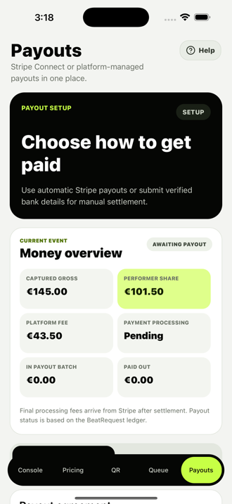Payout setup and performer balance screen